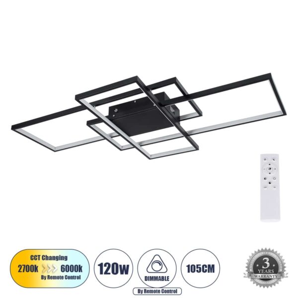 GloboStar® QUADRA 61388 Φωτιστικό Οροφής Design LED CCT 120W 14400lm 120° AC 220-240V - Εναλλαγή Φωτισμού μέσω Τηλεχειριστηρίου All In One Ψυχρό 6000k+Φυσικό 4500k+Θερμό 2700k Dimmable Μ105 x Π60 x Υ9cm - Μαύρο - 3 Years Warranty | 176,35 €