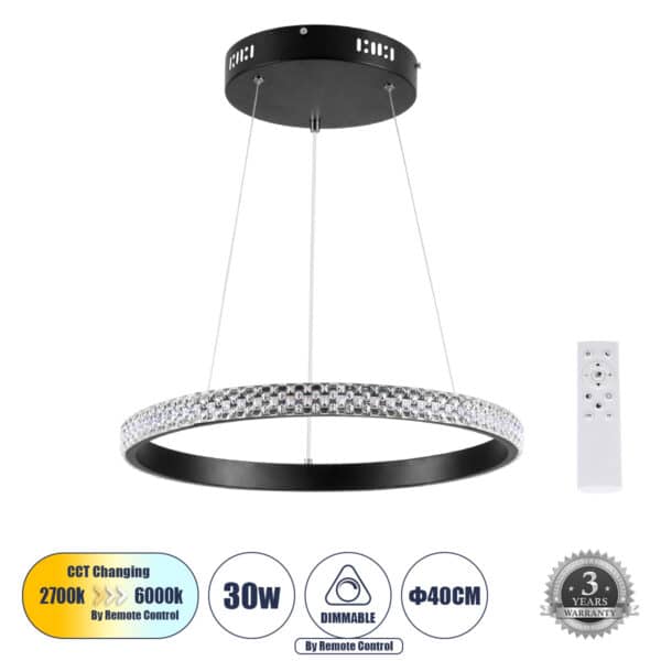 GloboStar® DIAMOND 61128 Κρεμαστό Φωτιστικό Δαχτυλίδι-Κύκλος LED CCT 30W 3513lm 360° AC 220-240V - Εναλλαγή Φωτισμού μέσω Τηλεχειριστηρίου All In One Ψυχρό 6000k+Φυσικό 4500k+Θερμό 2700k Dimmable Φ40cm - Μαύρο - 3 Years Warranty | 75,63 €