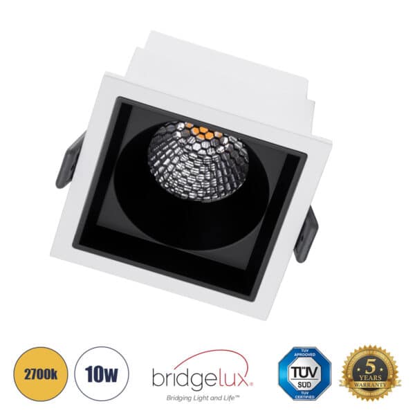 GloboStar® PLUTO-M 60271 Χωνευτό LED Spot Downlight TrimLess Μ8.4xΠ8.4cm 10W 1250lm 38° AC 220-240V IP20 Μ8.4 x Π8.4 x Υ5.9cm - Τετράγωνο - Λευκό με Μαύρο Κάτοπτρο & Anti-Glare HoneyComb - Θερμό Λευκό 2700K - Bridgelux COB - 5 Years Warranty | 20,40 €