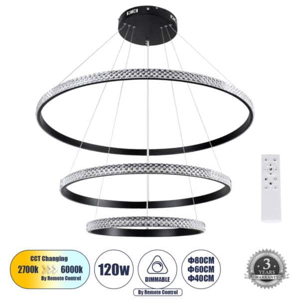 GloboStar® DIAMOND TRIO 61138 Κρεμαστό Φωτιστικό Δαχτυλίδι-Κύκλος LED CCT 120W 14723lm 360° AC 220-240V - Εναλλαγή Φωτισμού μέσω Τηλεχειριστηρίου All In One Ψυχρό 6000k+Φυσικό 4500k+Θερμό 2700k Dimmable Φ40+60+80cm - Μαύρο - 3 Years Warranty | 192,13 €