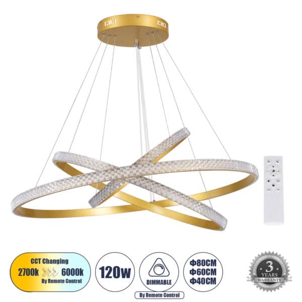 GloboStar® DIAMOND TRIO 61139-DECO Κρεμαστό Φωτιστικό Δαχτυλίδι-Κύκλος LED CCT 120W 14723lm 360° AC 220-240V - Εναλλαγή Φωτισμού μέσω Τηλεχειριστηρίου All In One Ψυχρό 6000k+Φυσικό 4500k+Θερμό 2700k Dimmable Φ40+60+80cm - Χρυσό Βούρτσας - 3 Years Warranty | 213,49 €