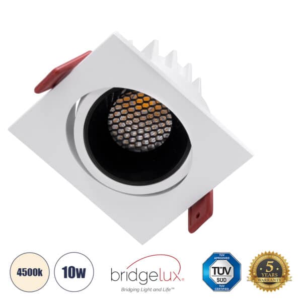 GloboStar® LEO-SQ 60288 Χωνευτό LED Spot Downlight TrimLess Μ8.5xΠ8.5cm 10W 1300lm 38° AC 220-240V IP20 Μ8.5 x Π8.5 x Υ6.6cm - Τετράγωνο - Κινούμενο - Λευκό με Μαύρο Κάτοπτρο & Anti-Glare HoneyComb - Φυσικό Λευκό 4500K - Bridgelux COB - 5 Years Warranty | 29,03 €