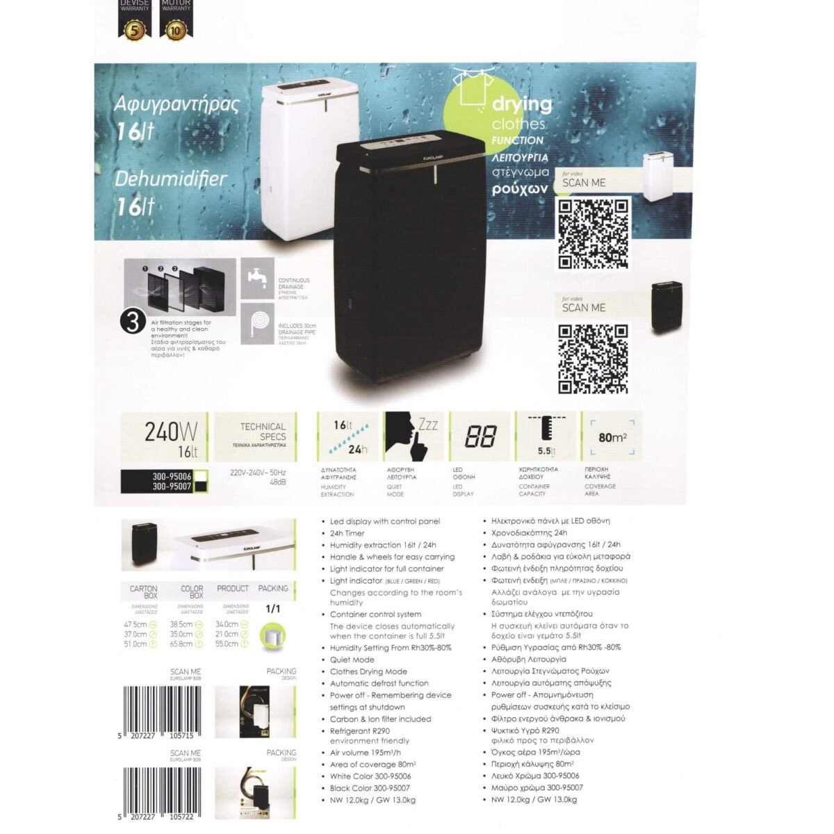 EUROLAMP Αφυγραντηρας 16l Led Panel 240w 220 240v inox