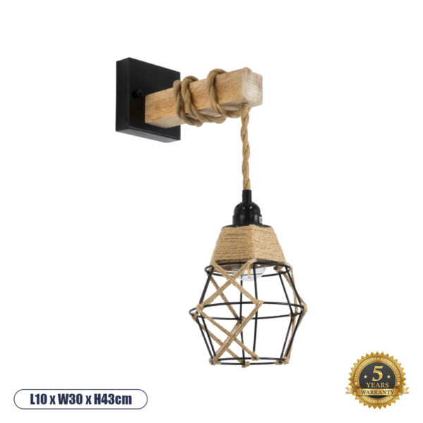 GloboStar® BELLARIVA 01961 Boho Φωτιστικό Τοίχου - Απλίκα Μονόφωτο 1 x E27 AC 220-240V IP20 - Μ10 x Π30 x Υ43cm - Μαύρο Μεταλλικό με Ξύλο και Μπεζ Σχοινί Πλεγμα | 39,37 €