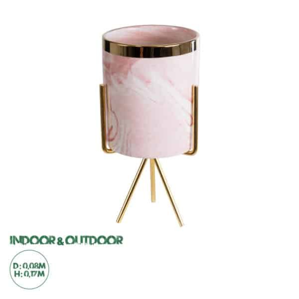 GloboStar® Artificial Garden COLORADO 20566 Διακοσμητικό Κεραμικό Κασπώ Γλάστρα - Flower Pot Ροζ με Χρυσή Μεταλλική Βάση και Λευκές Λεπτομέρειες Φ8 x Υ17cm | 13,67 €