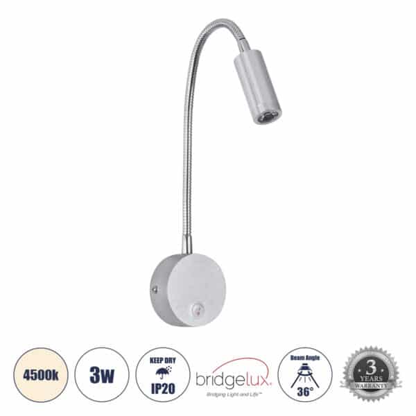 GloboStar® GOOSE 60879 Μοντέρνο Φωτιστικό Τοίχου - Απλίκα Ξενοδοχείου Bed Side LED 3W 300lm 36° AC 220-240V - Reading Light - Μ6.5 x Π15 x Υ24.5cm - Φυσικό Λευκό 4500K - Ασημί Νίκελ | 15,79 €