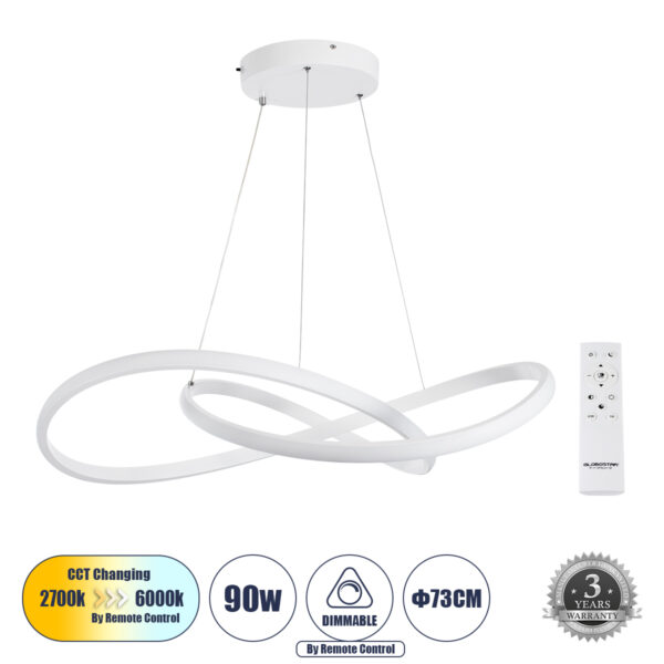 GloboStar® DEXTER 60914 Κρεμαστό Φωτιστικό Οροφής Design LED CCT 90W 10080lm 300° AC 220-240V - Εναλλαγή Φωτισμού μέσω Τηλεχειριστηρίου All In One Ψυχρό 6000k+Φυσικό 4500k+Θερμό 2700k Dimmable Φ73cm - Λευκό - 3 Years Warranty | 109,37 €