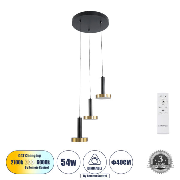 GLOBOSTAR® ZANE 60934 Κρεμαστό Φωτιστικό Design LED CCT 54W 6048lm 120° AC 220-240V IP20 - Εναλλαγή Φωτισμού μέσω Τηλεχειριστηρίου All In One Ψυχρό 6000k+Φυσικό 4500k+Θερμό 2700k Dimmable - Φ60 x Υ18cm - Μαύρο & Χρυσό - 3 Χρόνια Εγγύηση | 92,86 €