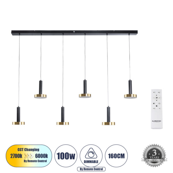 GLOBOSTAR® ZANE 60937 Κρεμαστό Φωτιστικό Design LED CCT 100W 11200lm 120° AC 220-240V IP20 - Εναλλαγή Φωτισμού μέσω Τηλεχειριστηρίου All In One Ψυχρό 6000k+Φυσικό 4500k+Θερμό 2700k Dimmable - Μ160 x Π15 x Υ18cm - Μαύρο & Χρυσό - 3 Χρόνια Εγγύηση | 170,55 €