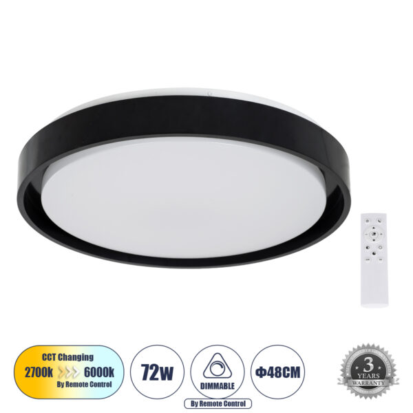 GloboStar® BARCHETTA 61046-S Πλαφονιέρα Οροφής LED CCT 72W 8306lm 120° AC 220-240V - Εναλλαγή Φωτισμού μέσω Τηλεχειριστηρίου All In One Ψυχρό 6000k+Φυσικό 4500k+Θερμό 2700k Dimmable Φ48cm - Μαύρο - 3 Years Warranty | 76,48 €