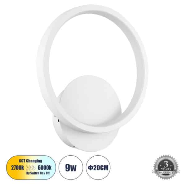 GloboStar® TED 61071 Φωτιστικό Τοίχου - Απλίκα Design LED CCT 9W 1080lm 300° AC 220-240V - Εναλλαγή Φωτισμού μέσω Διακόπτη On/Off All In One Ψυχρό 6000k+Φυσικό 4500k+Θερμό 2700k Μ20 x Π5.5 x Υ23cm - Λευκό | 26,81 €