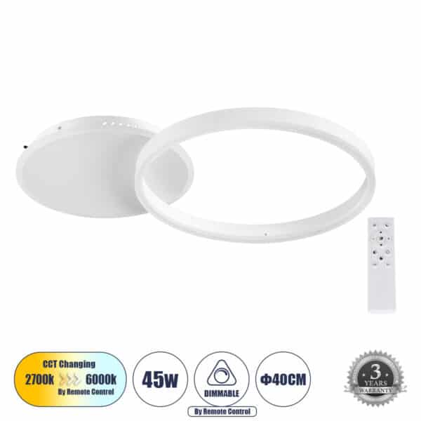 GloboStar® VENOM 61118 Φωτιστικό Οροφής Δαχτυλίδι-Κύκλος LED CCT 45W 5445lm 360° AC 220-240V - Εναλλαγή Φωτισμού μέσω Τηλεχειριστηρίου All In One Ψυχρό 6000k+Φυσικό 4500k+Θερμό 2700k Dimmable Φ40cm+BackLight - Λευκό - 3 Years Warranty | 102,31 €