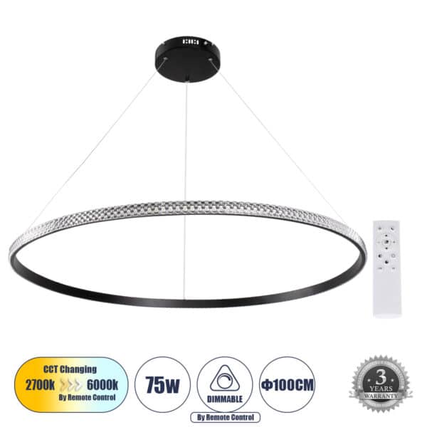 GloboStar® DIAMOND 61134 Κρεμαστό Φωτιστικό Δαχτυλίδι-Κύκλος LED CCT 75W 8743lm 360° AC 220-240V - Εναλλαγή Φωτισμού μέσω Τηλεχειριστηρίου All In One Ψυχρό 6000k+Φυσικό 4500k+Θερμό 2700k Dimmable Φ100cm - Μαύρο - 3 Years Warranty | 123,19 €