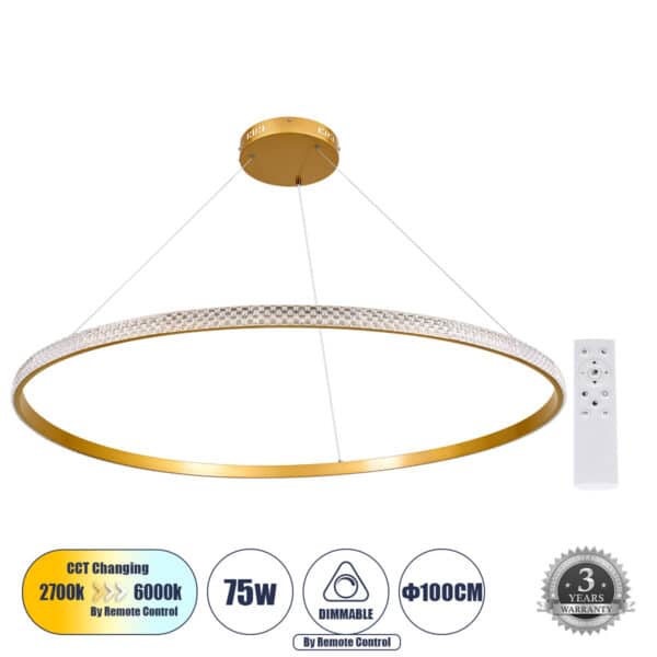 GloboStar® DIAMOND 61135 Κρεμαστό Φωτιστικό Δαχτυλίδι-Κύκλος LED CCT 75W 8743lm 360° AC 220-240V - Εναλλαγή Φωτισμού μέσω Τηλεχειριστηρίου All In One Ψυχρό 6000k+Φυσικό 4500k+Θερμό 2700k Dimmable Φ100cm - Χρυσό Βούρτσας - 3 Years Warranty | 131,93 €