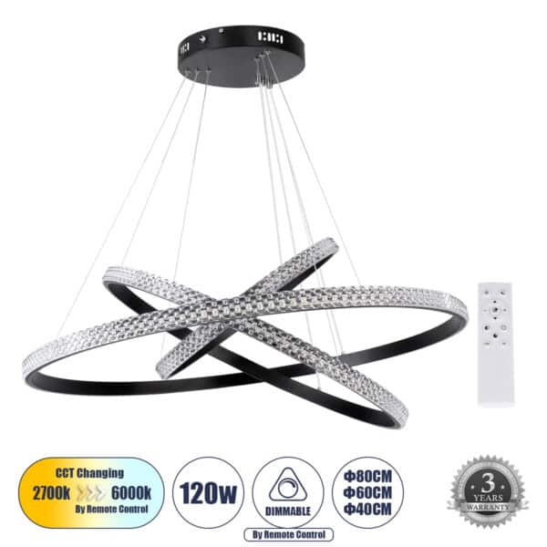 GloboStar® DIAMOND TRIO 61138-DECO Κρεμαστό Φωτιστικό Δαχτυλίδι-Κύκλος LED CCT 120W 14723lm 360° AC 220-240V - Εναλλαγή Φωτισμού μέσω Τηλεχειριστηρίου All In One Ψυχρό 6000k+Φυσικό 4500k+Θερμό 2700k Dimmable Φ40+60+80cm - Μαύρο - 3 Years Warranty | 192,13 €