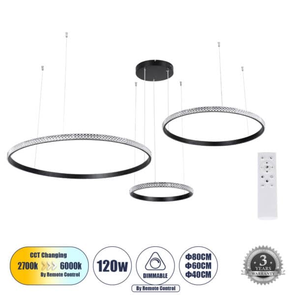 GloboStar® DIAMOND TRIO 61144 Κρεμαστό Φωτιστικό Δαχτυλίδι-Κύκλος LED CCT 120W 14723lm 360° AC 220-240V - Εναλλαγή Φωτισμού μέσω Τηλεχειριστηρίου All In One Ψυχρό 6000k+Φυσικό 4500k+Θερμό 2700k Dimmable Φ40+60+80cm - Μαύρο - 3 Years Warranty | 192,13 €