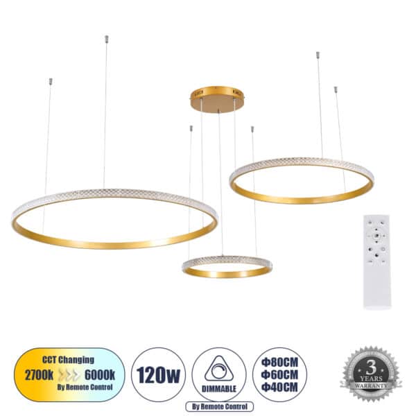 GloboStar® DIAMOND TRIO 61145 Κρεμαστό Φωτιστικό Δαχτυλίδι-Κύκλος LED CCT 120W 14723lm 360° AC 220-240V - Εναλλαγή Φωτισμού μέσω Τηλεχειριστηρίου All In One Ψυχρό 6000k+Φυσικό 4500k+Θερμό 2700k Dimmable Φ40+60+80cm - Χρυσό Βούρτσας - 3 Years Warranty | 213,49 €