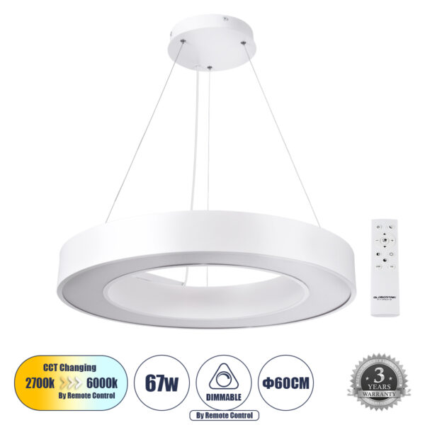 GloboStar® RA 61195 Κρεμαστό Φωτιστικό Δαχτυλίδι-Κύκλος LED CCT 67W 7370lm 120° AC 220-240V - Εναλλαγή Φωτισμού μέσω Τηλεχειριστηρίου All In One Ψυχρό 6000k+Φυσικό 4500k+Θερμό 2700k Dimmable Φ60cm - Λευκό - 3 Years Warranty | 97,00 €