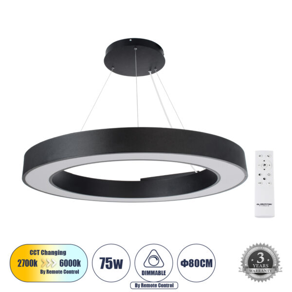 GloboStar® RA 61196 Κρεμαστό Φωτιστικό Δαχτυλίδι-Κύκλος LED CCT 75W 8250lm 120° AC 220-240V - Εναλλαγή Φωτισμού μέσω Τηλεχειριστηρίου All In One Ψυχρό 6000k+Φυσικό 4500k+Θερμό 2700k Dimmable Φ80cm - Μαύρο - 3 Years Warranty | 146,17 €