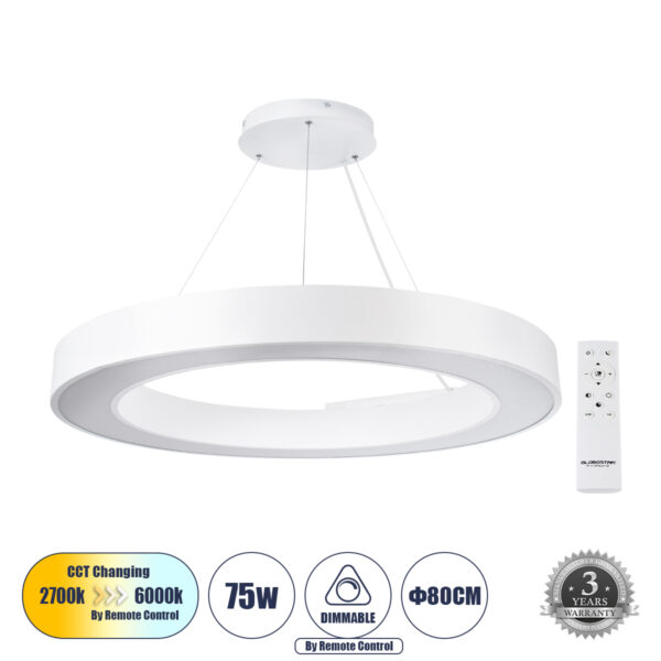 GloboStar® RA 61197 Κρεμαστό Φωτιστικό Δαχτυλίδι-Κύκλος LED CCT 75W 8250lm 120° AC 220-240V - Εναλλαγή Φωτισμού μέσω Τηλεχειριστηρίου All In One Ψυχρό 6000k+Φυσικό 4500k+Θερμό 2700k Dimmable Φ80cm - Λευκό - 3 Years Warranty | 146,17 €