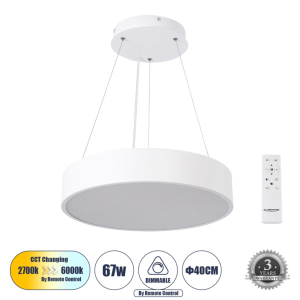 GloboStar® BURTON 61201-P Κρεμαστή Πλαφονιέρα Οροφής LED CCT 67W 7370lm 120° AC 220-240V - Εναλλαγή Φωτισμού μέσω Τηλεχειριστηρίου All In One Ψυχρό 6000k+Φυσικό 4500k+Θερμό 2700k Dimmable Φ40cm - Λευκό - 3 Years Warranty | 70,89 €