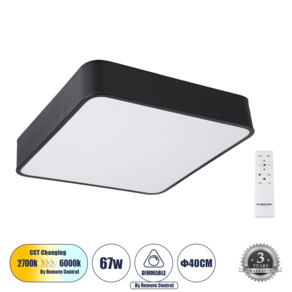 GloboStar® KAMALA 61206-S Πλαφονιέρα Οροφής LED CCT 67W 7370lm 120° AC 220-240V - Εναλλαγή Φωτισμού μέσω Τηλεχειριστηρίου All In One Ψυχρό 6000k+Φυσικό 4500k+Θερμό 2700k Dimmable Μ40 x Π40 x Υ8cm- Μαύρο - 3 Years Warranty | 71,31 €