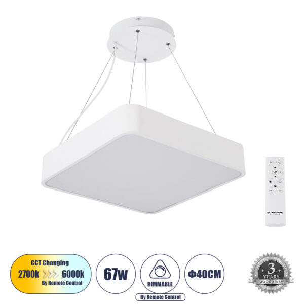 GloboStar® KAMALA 61207-P Κρεμαστή Πλαφονιέρα Οροφής LED CCT 67W 7370lm 120° AC 220-240V - Εναλλαγή Φωτισμού μέσω Τηλεχειριστηρίου All In One Ψυχρό 6000k+Φυσικό 4500k+Θερμό 2700k Dimmable Μ40 x Π40 x Υ8cm - Λευκό - 3 Years Warranty | 71,31 €