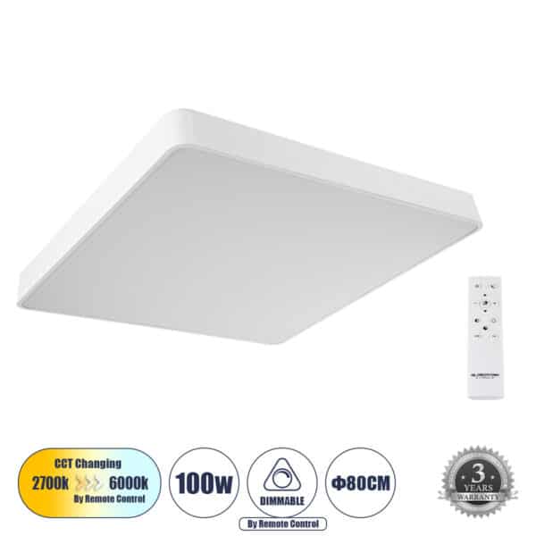 GloboStar® KAMALA 61211-S Πλαφονιέρα Οροφής LED CCT 100W 11020lm 120° AC 220-240V - Εναλλαγή Φωτισμού μέσω Τηλεχειριστηρίου All In One Ψυχρό 6000k+Φυσικό 4500k+Θερμό 2700k Dimmable Μ80 x Π80 x Υ8cm - Λευκό - 3 Years Warranty | 147,93 €