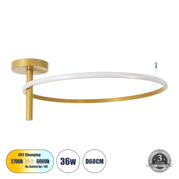 GloboStar® VERONA 61225 Φωτιστικό Οροφής Δαχτυλίδι-Κύκλος LED CCT 36W 4032lm 360° AC 220-240V - Εναλλαγή Φωτισμού μέσω Διακόπτη On/Off All In One Ψυχρό 6000k+Φυσικό 4500k+Θερμό 2700K Φ60 x Υ26cm - Χρυσό Βούρτσας - 3 Χρόνια Εγγύηση | 51,55 €