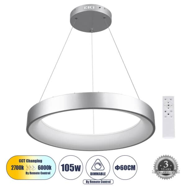 GloboStar® SALEM 61246 Κρεμαστή Πλαφονιέρα Οροφής Δαχτυλίδι-Κύκλος LED CCT 105W 12075lm 120° AC 220-240V - Εναλλαγή Φωτισμού μέσω Τηλεχειριστηρίου All In One Ψυχρό 6000k+Φυσικό 4500k+Θερμό 2700k Dimmable Φ60cm - Ασημί - 3 Years Warranty | 130,96 €