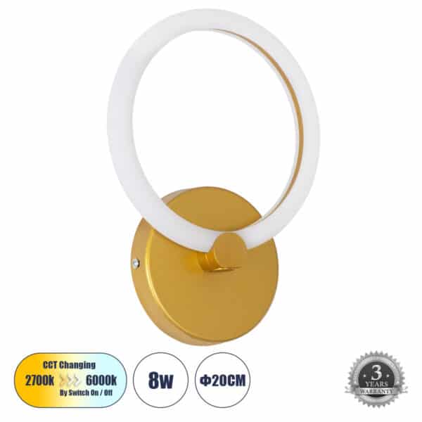 GloboStar® MATILDA 61340 Φωτιστικό Τοίχου - Απλίκα Design LED CCT 8W 960lm 360° AC 220-240V - Εναλλαγή Φωτισμού μέσω Διακόπτη On/Off All In One Ψυχρό 6000k+Φυσικό 4500k+Θερμό 2700k Μ20 x Π5 x Υ25.5cm - Χρυσό - 3 Years Warranty | 31,69 €