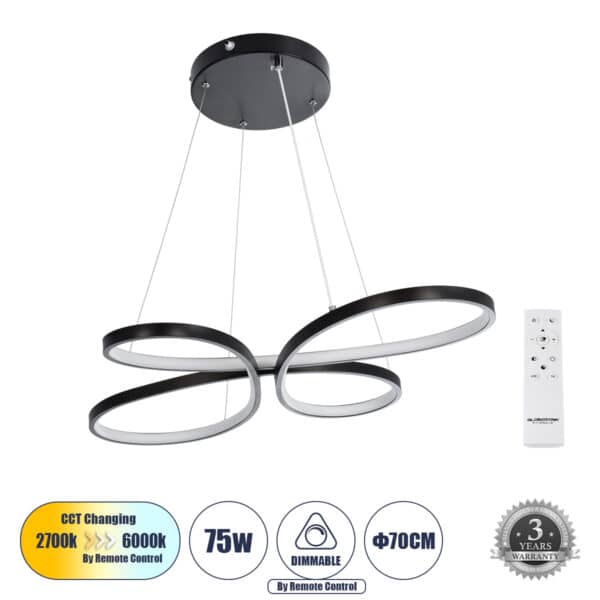 GloboStar® BUTTERFLY 61391 Κρεμαστό Φωτιστικό Οροφής Design LED CCT 75W 8400lm 300° AC 220-240V - Εναλλαγή Φωτισμού μέσω Τηλεχειριστηρίου All In One Ψυχρό 6000k+Φυσικό 4500k+Θερμό 2700k Dimmable Μ71 x Π52 x Υ4cm - Μαύρο - 3 Years Warranty | 129,03 €