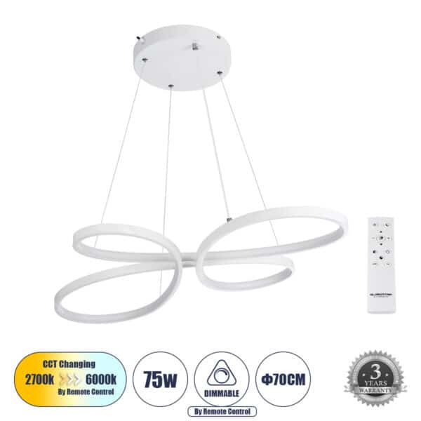 GloboStar® BUTTERFLY 61392 Κρεμαστό Φωτιστικό Οροφής Design LED CCT 75W 8400lm 300° AC 220-240V - Εναλλαγή Φωτισμού μέσω Τηλεχειριστηρίου All In One Ψυχρό 6000k+Φυσικό 4500k+Θερμό 2700k Dimmable Μ71 x Π52 x Υ4cm - Λευκό - 3 Years Warranty | 129,03 €