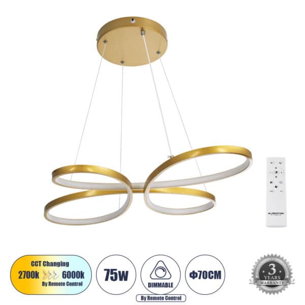 GloboStar® BUTTERFLY 61393 Κρεμαστό Φωτιστικό Οροφής Design LED CCT 75W 8400lm 300° AC 220-240V - Εναλλαγή Φωτισμού μέσω Τηλεχειριστηρίου All In One Ψυχρό 6000k+Φυσικό 4500k+Θερμό 2700k Dimmable Μ71 x Π52 x Υ4cm - Χρυσό Βούρτσας - 3 Years Warranty | 160,57 €