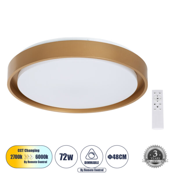 GloboStar® BARCHETTA 61399-S Πλαφονιέρα Οροφής LED CCT 72W 8306lm 120° AC 220-240V - Εναλλαγή Φωτισμού μέσω Τηλεχειριστηρίου All In One Ψυχρό 6000k+Φυσικό 4500k+Θερμό 2700k Dimmable Φ48cm - Χρυσό - 3 Years Warranty | 76,48 €