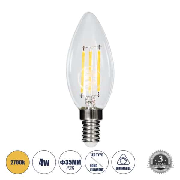 GloboStar® 99001 Λάμπα LED Long Filament E14 C35 Κεράκι 4W 400lm 360° AC 220-240V IP20 Φ3.5 x Υ10.5cm Θερμό Λευκό 2700K με Διάφανο Γυαλί Dimmable - 3 Χρόνια Εγγύηση | 4,17 €