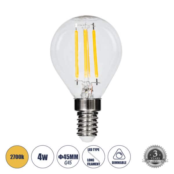 GloboStar® 99003 Λάμπα LED Long Filament E14 G45 Γλομπάκι 4W 400lm 360° AC 220-240V IP20 Φ4.5 x Υ7.5cm Θερμό Λευκό 2700K με Διάφανο Γυαλί Dimmable - 3 Χρόνια Εγγύηση | 4,22 €