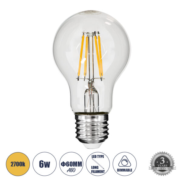 GloboStar® 99006 Λάμπα LED Long Filament E27 A60 Γλόμπος 6W 600lm 360° AC 220-240V IP20 Φ6 x Υ10.5cm Θερμό Λευκό 2700K με Διάφανο Γυαλί - Dimmable - 3 Χρόνια Εγγύηση | 5,24 €