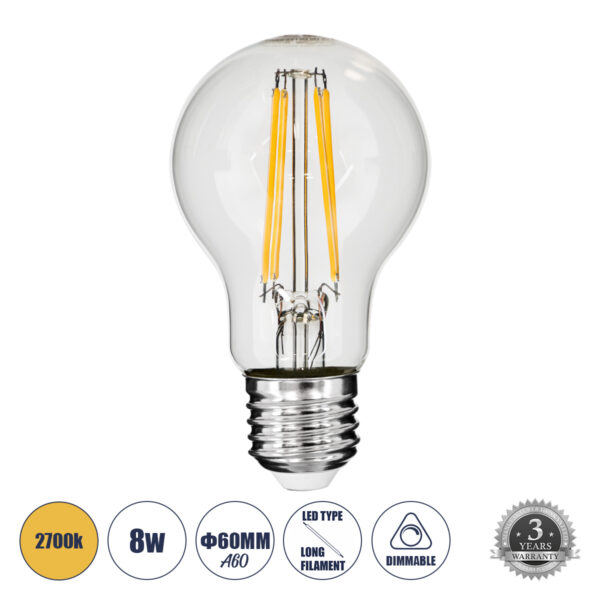 GloboStar® 99007 Λάμπα LED Long Filament E27 A60 Γλόμπος 8W 800lm 360° AC 220-240V IP20 Φ6 x Υ10.5cm Θερμό Λευκό 2700K με Διάφανο Γυαλί - Dimmable - 3 Χρόνια Εγγύηση | 5,93 €