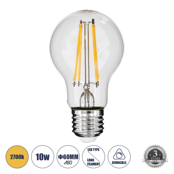 GloboStar® 99008 Λάμπα LED Long Filament E27 A60 Γλόμπος 10W 1000lm 360° AC 220-240V IP20 Φ6 x Υ10.5cm Θερμό Λευκό 2700K με Διάφανο Γυαλί - Dimmable - 3 Years Warranty | 7,08 €