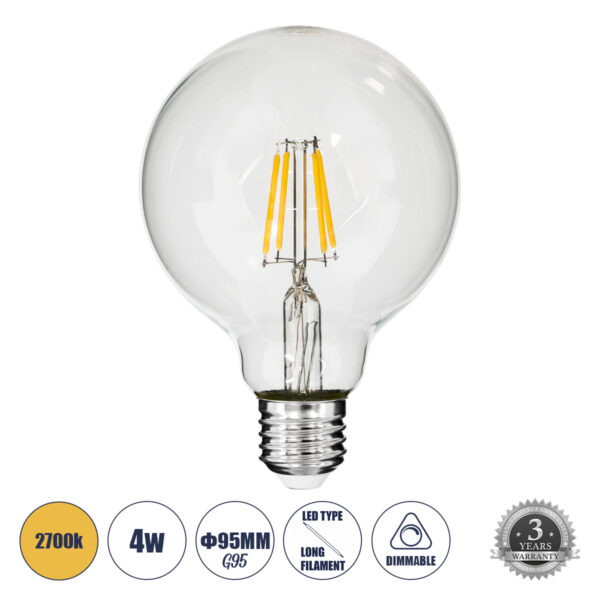 GloboStar® 99009 Λάμπα LED Long Filament E27 G95 Γλόμπος 4W 400lm 360° AC 220-240V IP20 Φ9.5 x Υ13.5cm Θερμό Λευκό 2700K με Διάφανο Γυαλί - Dimmable - 3 Years Warranty | 5,14 €