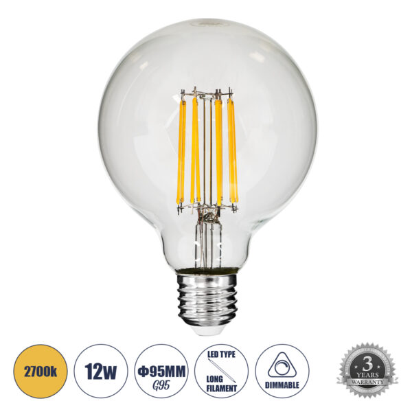 GloboStar® 99011 Λάμπα LED Long Filament E27 G95 Γλόμπος 12W 1200lm 360° AC 220-240V IP20 Φ9.5 x Υ13.5cm Θερμό Λευκό 2700K με Διάφανο Γυαλί - Dimmable - 3 Years Warranty | 8,72 €