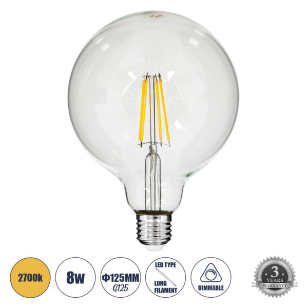 GloboStar® 99013 Λάμπα LED Long Filament E27 G125 Γλόμπος 8W 800lm 360° AC 220-240V IP20 Φ12.5 x Υ18cm Θερμό Λευκό 2700K με Διάφανο Γυαλί - Dimmable - 3 Years Warranty | 7,73 €