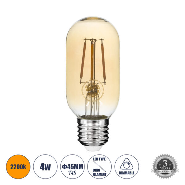 GloboStar® 99048 Λάμπα LED Long Filament E27 T45 Σωλήνας 4W 350lm 360° AC 220-240V IP20 Φ4.5 x Υ11cm Ultra Θερμό Λευκό 2200K με Μελί Γυαλί - Dimmable - 3 Years Warranty | 4,55 €