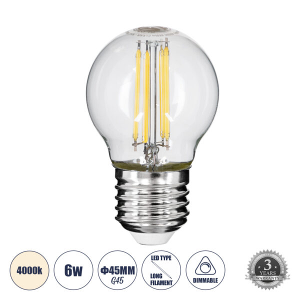 GloboStar® 99052 Λάμπα LED Long Filament E27 G45 Γλομπάκι 6W 660lm 360° AC 220-240V IP20 Φ4.5 x Υ7.5cm Φυσικό Λευκό 4000K με Διάφανο Γυαλί - Dimmable - 3 Years Warranty | 4,64 €