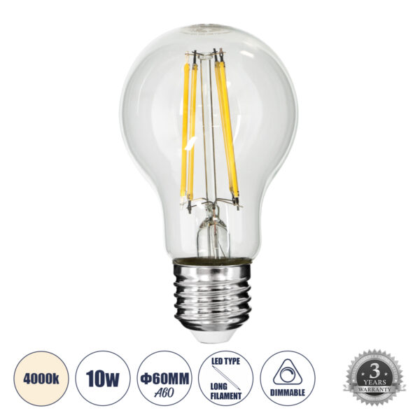 GloboStar® 99053 Λάμπα LED Long Filament E27 A60 Γλόμπος 10W 1100lm 360° AC 220-240V IP20 Φ6 x Υ10.5cm Φυσικό Λευκό 4000K με Διάφανο Γυαλί - Dimmable - 3 Χρόνια Εγγύηση | 6,93 €