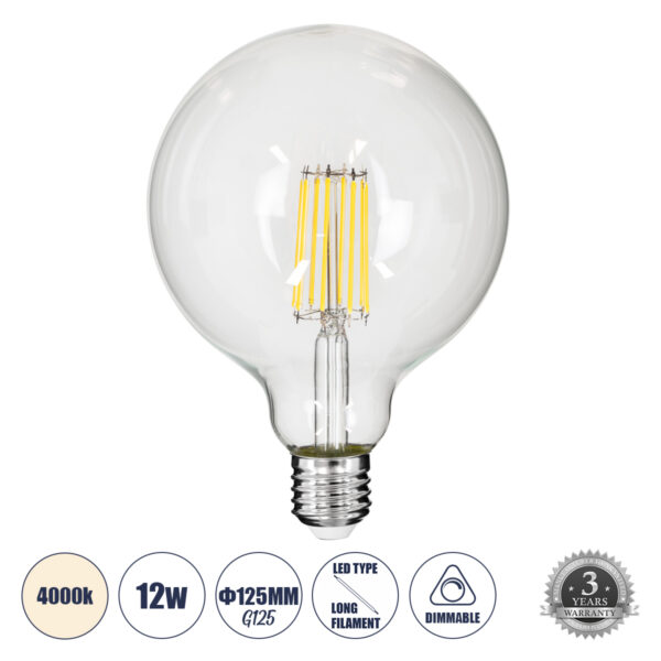 GloboStar® 99055 Λάμπα LED Long Filament E27 G125 Γλόμπος 12W 1320lm 360° AC 220-240V IP20 Φ12.5 x Υ18cm Φυσικό Λευκό 4000K με Διάφανο Γυαλί - Dimmable - 3 Years Warranty | 9,38 €