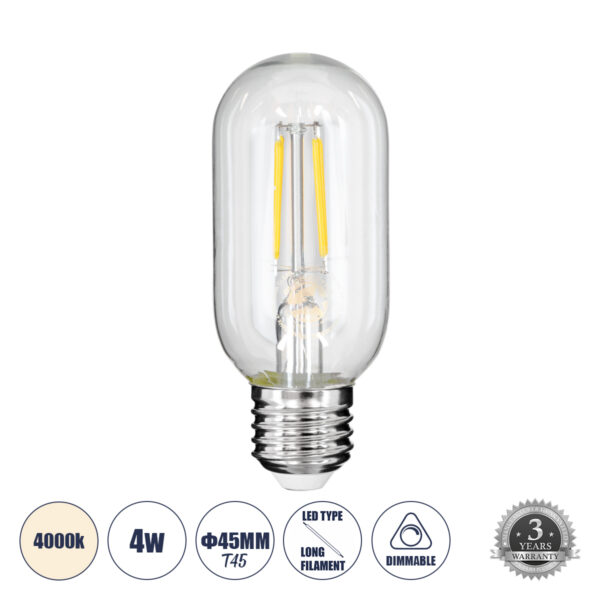 GloboStar® 99057 Λάμπα LED Long Filament E27 T45 Σωλήνας 4W 440lm 360° AC 220-240V IP20 Φ4.5 x Υ11cm Φυσικό Λευκό 4000K με Διάφανο Γυαλί - Dimmable - 3 Years Warranty | 4,22 €