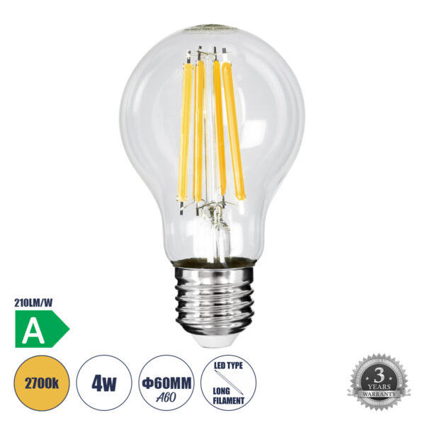 GloboStar® 99083 Λάμπα LED Long Filament E27 A60 Γλόμπος 4W 840lm 360° AC 220-240V IP20 Φ6 x Υ11cm Θερμό Λευκό 2700K με Διάφανο Γυαλί - Pro Series 210lm/W - A Ενεργειακή Κλάση - 3 Χρόνια Εγγύηση | 9,98 €