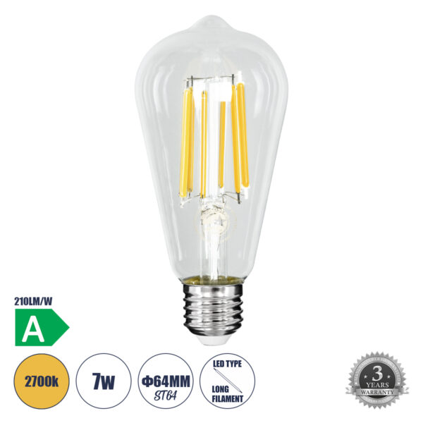 GloboStar® 99090 Λάμπα LED Long Filament E27 ST64 Αχλάδι 7W 1470lm 360° AC 220-240V IP20 Φ6.4 x Υ14.5cm Θερμό Λευκό 2700K με Διάφανο Γυαλί - Pro Series 210lm/W - A Ενεργειακή Κλάση - 3 Χρόνια Εγγύηση | 12,38 €